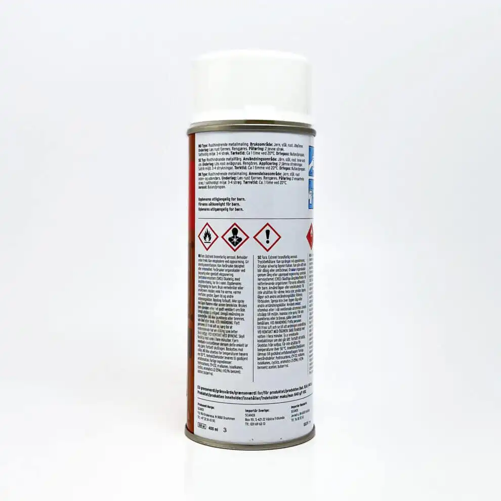 Bengalack rett på rust spray hvit informasjon